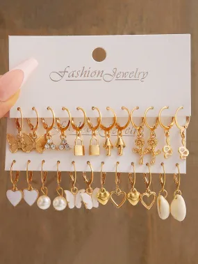 12pairs/set Heart & Faux Pearl Decor Earrings