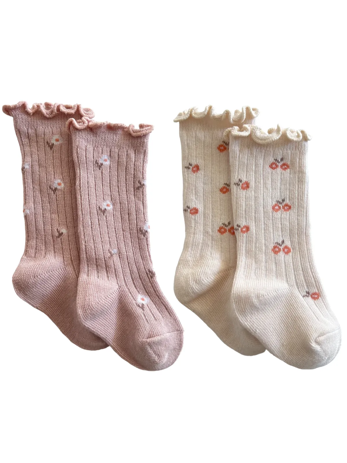 2-Pack Lettuce Edge Socks, Country Pink Floral & Ivory/Pink Floral