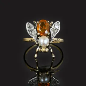 Antique Diamond Citrine Pearl 18K Gold Insect Ring