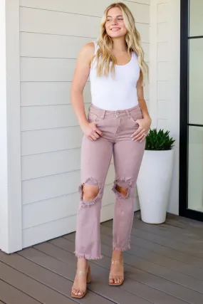 Babs High Rise Distressed Straight Jeans in Mauve