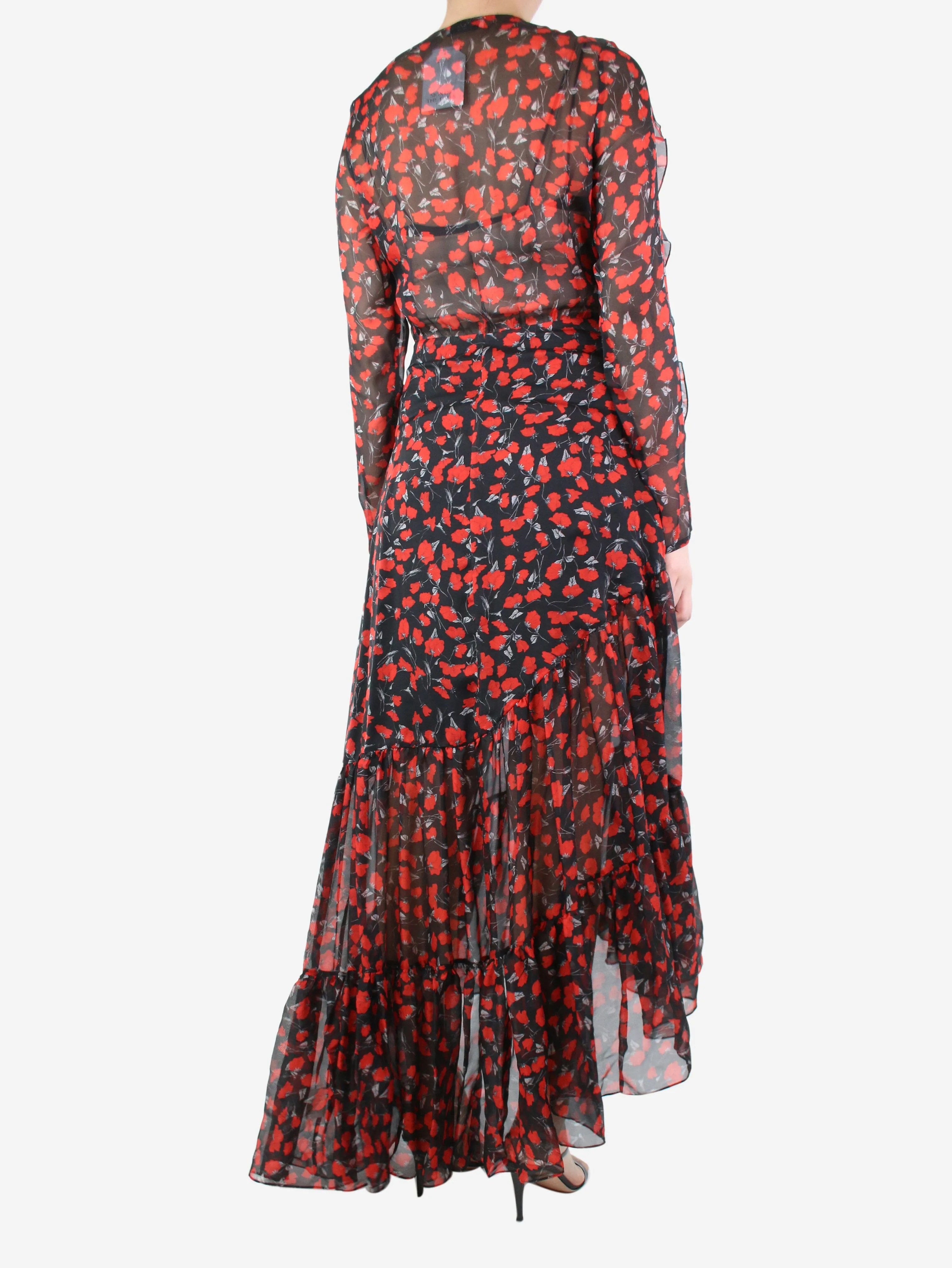 Black floral-printed silk asymmetric midi dress - size UK 10