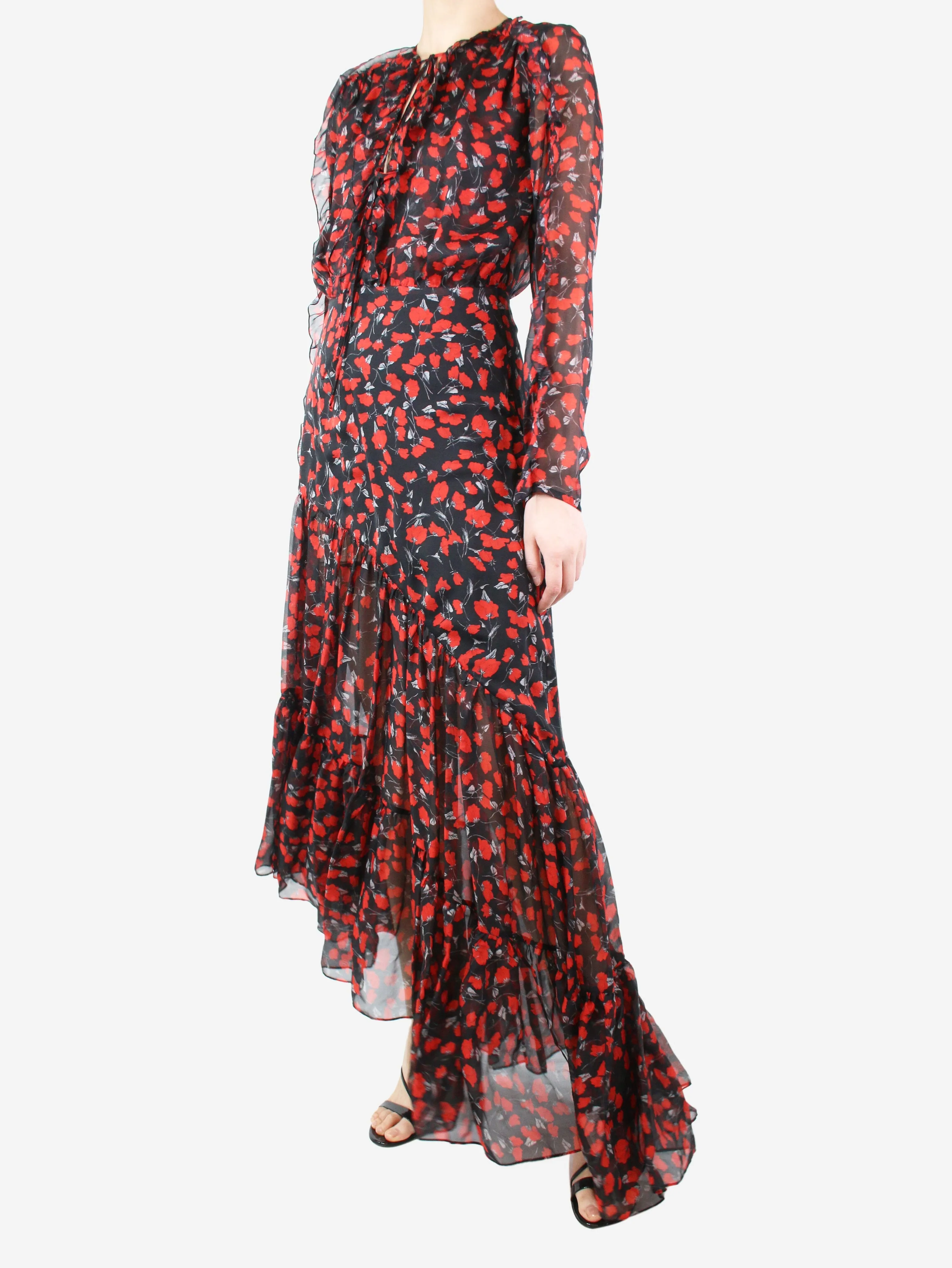 Black floral-printed silk asymmetric midi dress - size UK 10