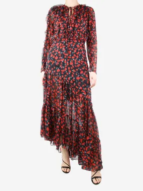 Black floral-printed silk asymmetric midi dress - size UK 10