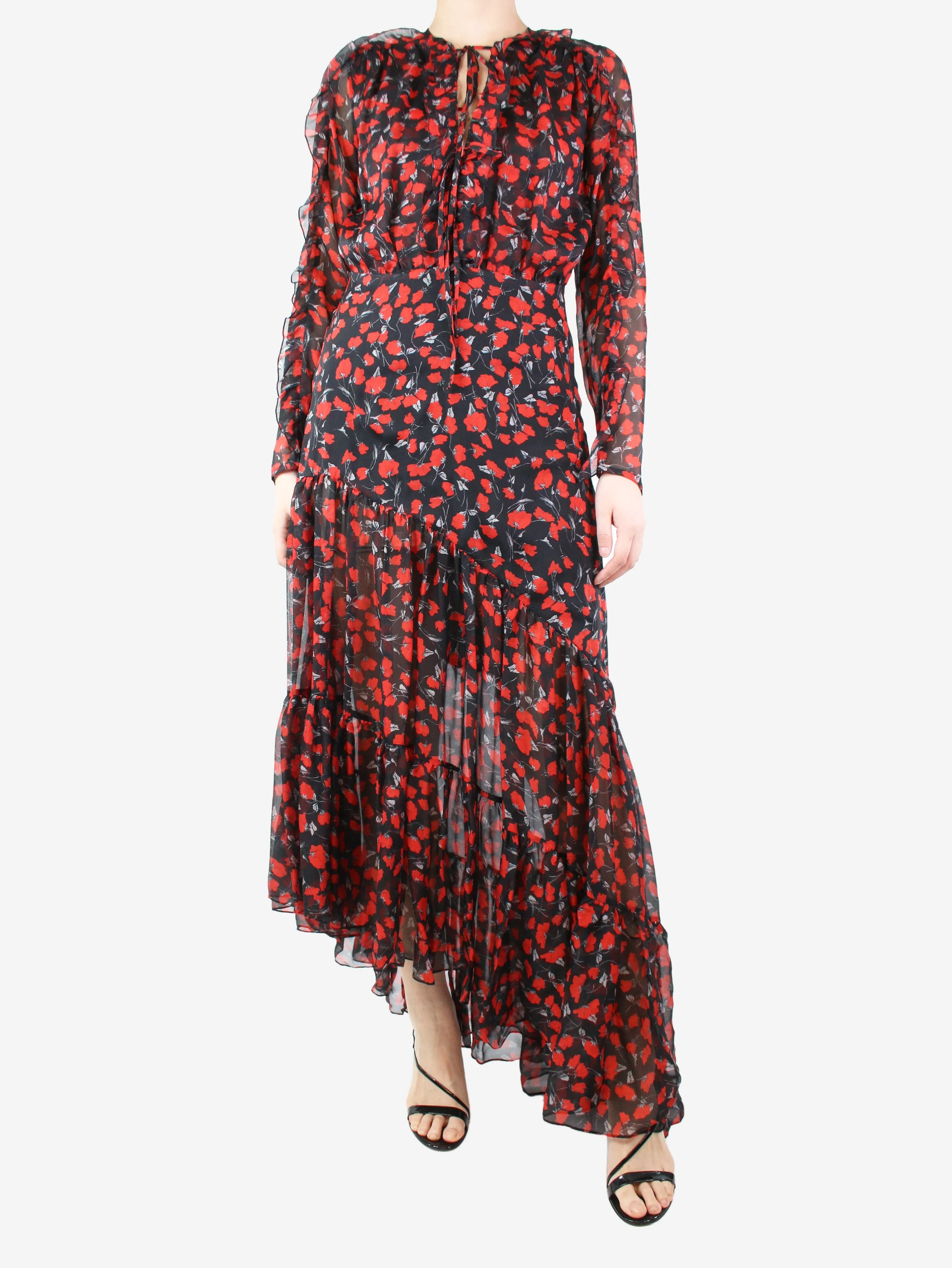 Black floral-printed silk asymmetric midi dress - size UK 10