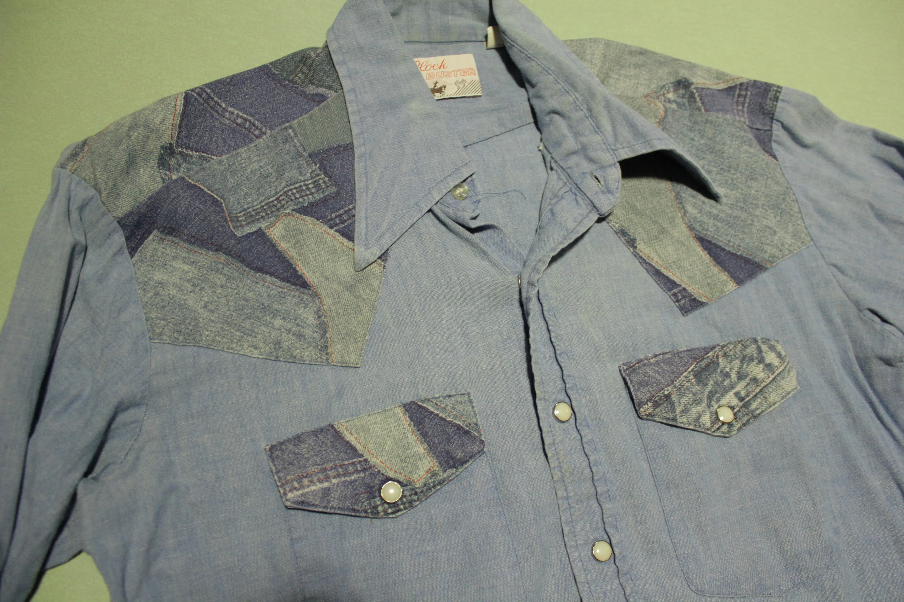 Block Buster Vintage Pearl Snap Western Denim Patchwork Chambray 70's Button Up Shirt