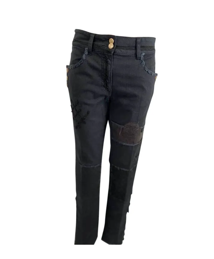 Chanel Runway 12P, 2012 Spring black with leather patchwork Denim Jeans Pants FR 38 US 4