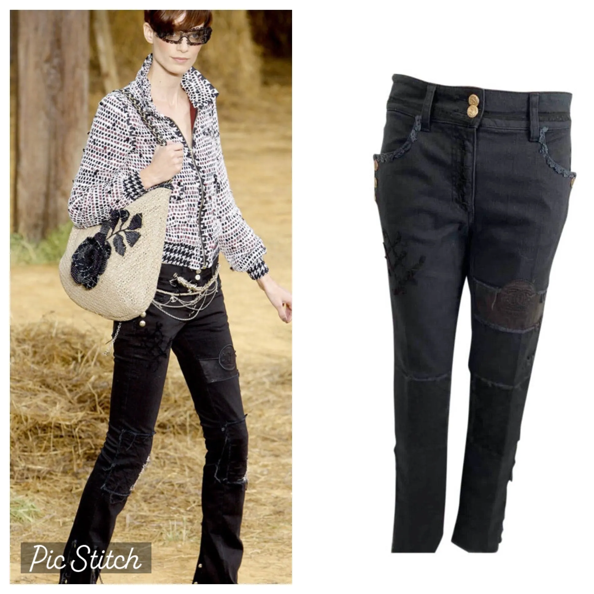 Chanel Runway 12P, 2012 Spring black with leather patchwork Denim Jeans Pants FR 38 US 4