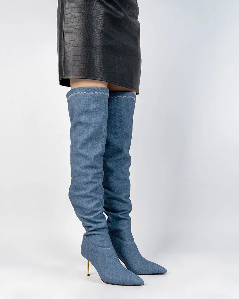 Denim Stiletto Heel Pointed Toe Over Knee High Boots