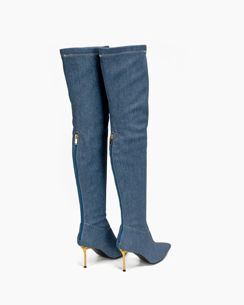 Denim Stiletto Heel Pointed Toe Over Knee High Boots