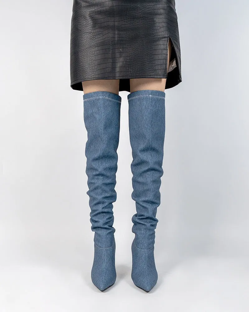 Denim Stiletto Heel Pointed Toe Over Knee High Boots