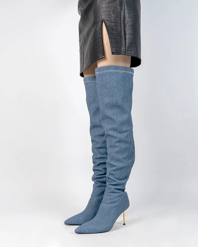 Denim Stiletto Heel Pointed Toe Over Knee High Boots