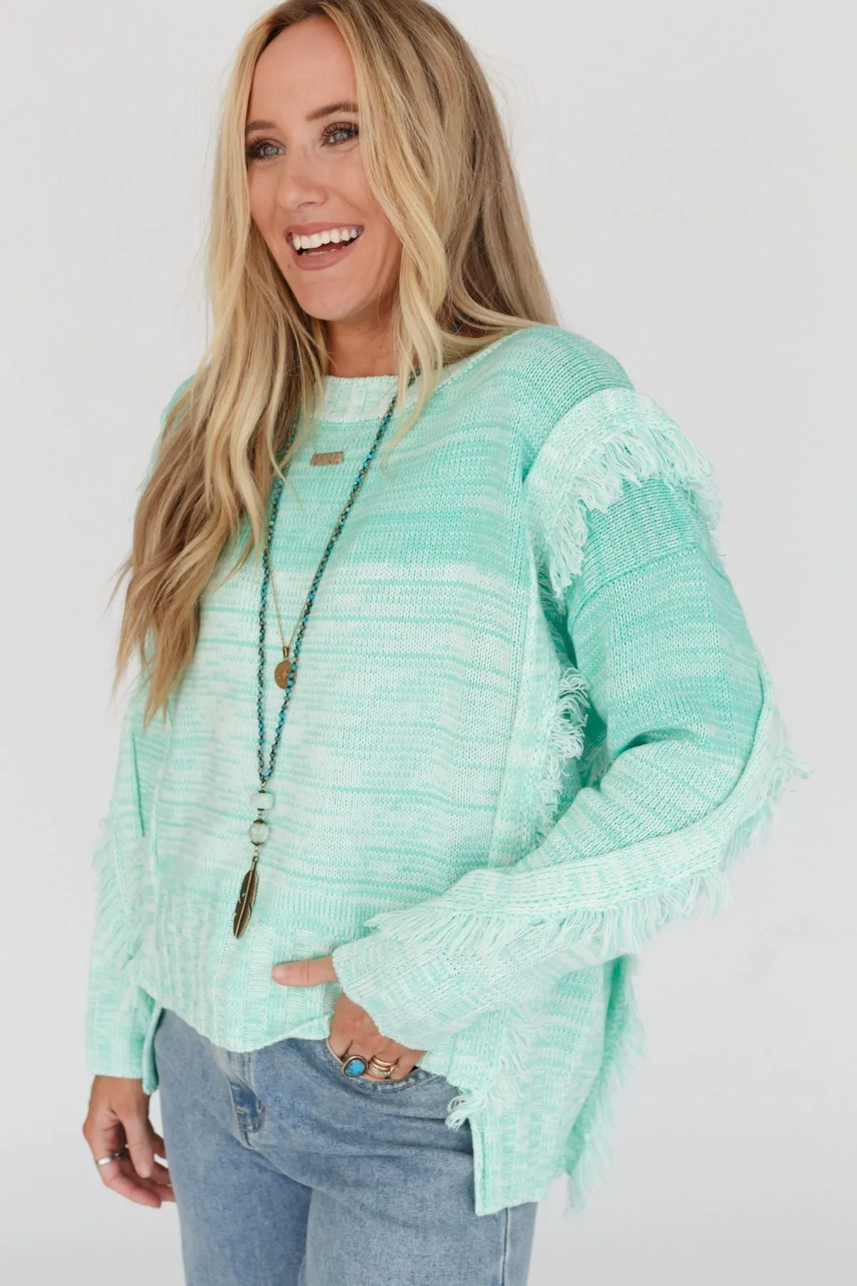 Fade Away Fringe Sweater - Seafoam