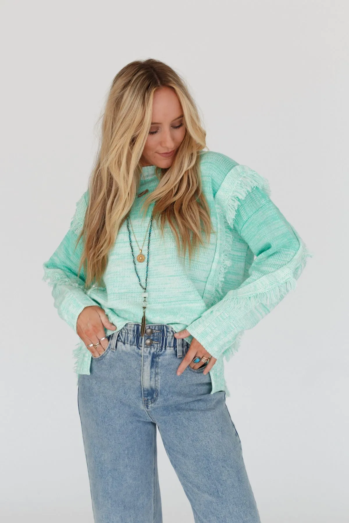 Fade Away Fringe Sweater - Seafoam