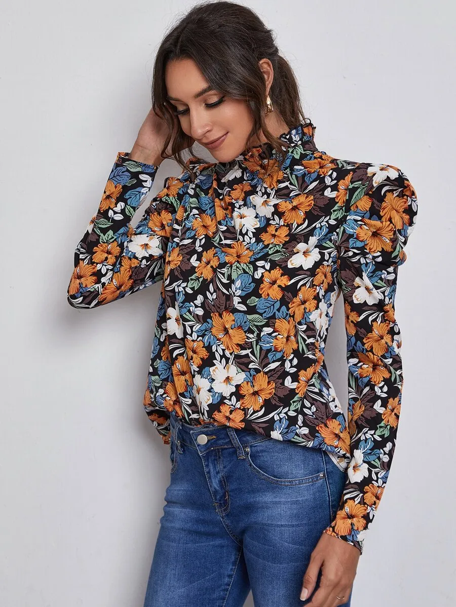 Frill Mock Neck Floral Top