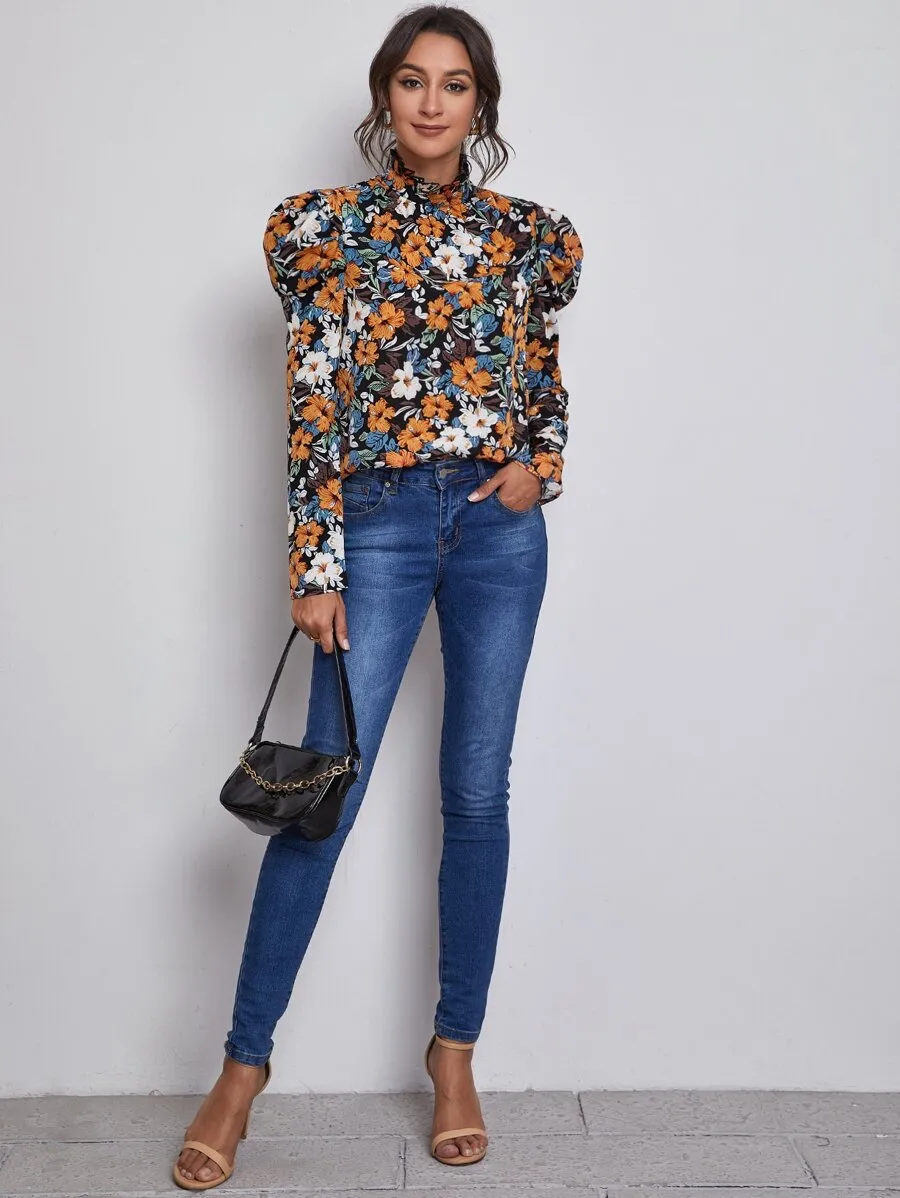 Frill Mock Neck Floral Top