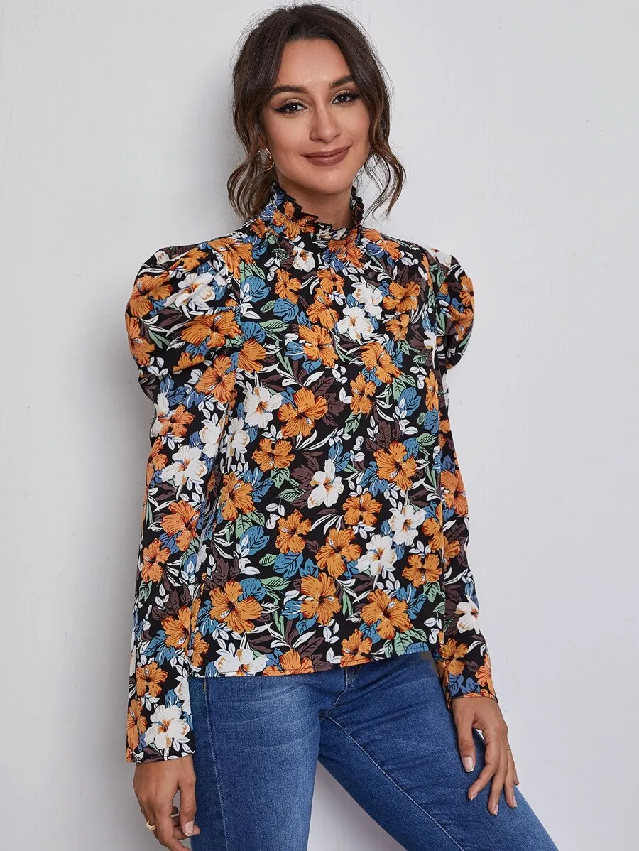 Frill Mock Neck Floral Top