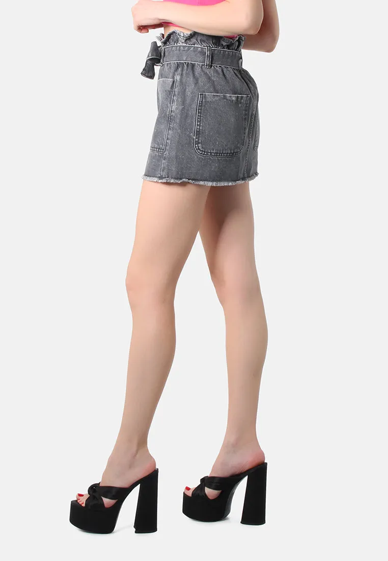 Grey Paperbag Denim Mini Skirt