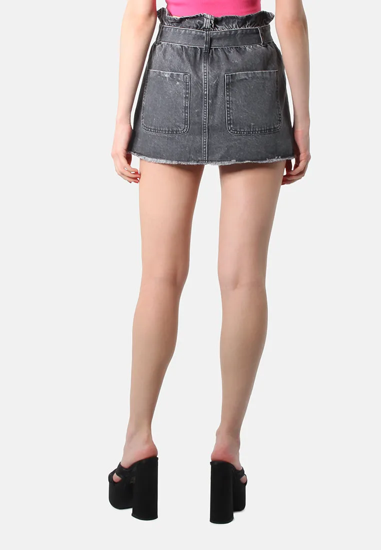 Grey Paperbag Denim Mini Skirt