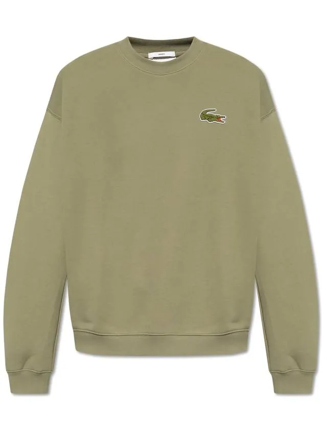 Loose Fit Badge Accent Fleece Sweatshirt Khaki