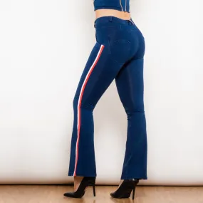 Mid Waist Dark Thread Blue Flare Jeans with Stripe